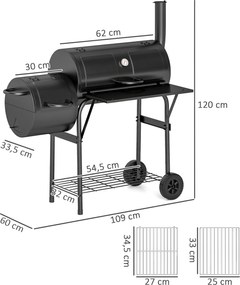 Outsunny Grill węglowy ze stali BBQ Smoker z pokrywą, termometrem, kołami, dopływem powietrza i wanienką na węgiel