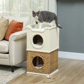 PawHut Drapak 75,5 cm Wysokości trzypoziomowy z pluszowym brzegiem, poduszkami, legowiskiem dla kota, dla kotów średniej wielkości, Kremowy