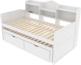 Łóżko z pojemnikiem 90x200 cm - z 2 szufladami, schowkiem, USB - drewniane - białe