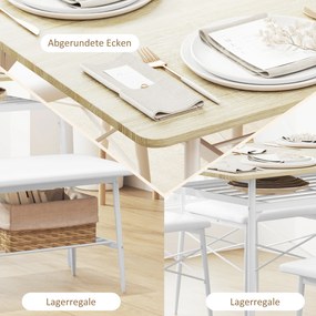 HOMCOM 4-częściowy zestaw stołowy z krzesłami i ławką na 4 osoby, siedzenia tapicerowane, stalowy stelaż, drewno, Biały