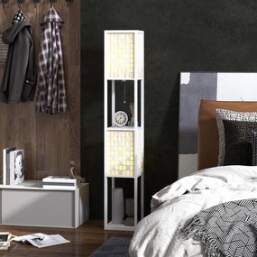 HOMCOM Lampa Podłogowa w Kratkę z 2-Poziomowymi Półkami, dla Różnych Żarówek, Biała