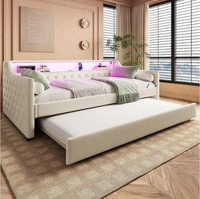 Sofa rozkładana 90 x 200 cm z diodami LED + łóżko wysuwane 90 x 190 cm + stelaż + port USB - Len - Beż