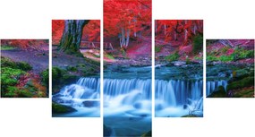 Obraz wodospadu w czerwonym lesie (125x70 cm)