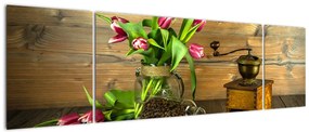 Obraz - tulipany, młynek i kawa (170x50 cm)