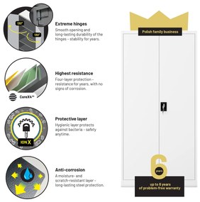 Biurowa szafa metalowa na akta JAN, 900 x 1850 x 400 mm, biała