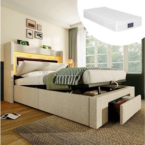 Łóżko tapicerowane hydrauliczne ze schowkiem - 90 x 200 cm - ze schowkiem na pościel w zagłówku + diody LED + USB + szuflada - pościel - beżowe (z materacem)