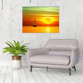 Obraz na szkle - zachód słońca z jachtem (70x50 cm)