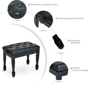 HOMCOM Stołek do Fortepianu Czarny Regulowana Wysokość Lite Drewno Sztuczna Skóra 64x35x45-55cm | Aosom PL