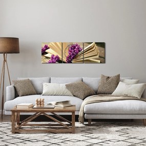 Obraz książki i fioletowych kwiatów (z zegarem) (90x30 cm)