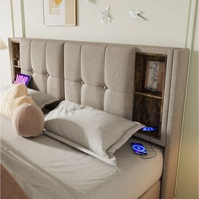 Łóżko z pojemnikiem 180 x 200 cm i zagłówkiem ze schowkiem - Gniazda USB i typu C - Tkanina lniana - Kolor naturalny