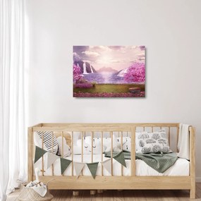 Obraz na szkle - różowe drzewa z jeziorem (70x50 cm)
