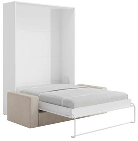 Łóżko chowane w ścianie w ścianie 140 x 200 cm - Otwieranie pionowe ręczne - Białe + Kanapa - BEGANIO