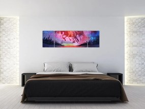 Obraz - Pojawienie się kosmicznych koni nad jeziorem, akwarela (170x50 cm)