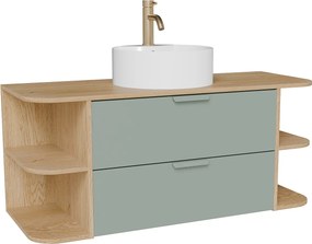 Wisząca szafka łazienkowa z wnękami, nablatową umywalką okrągłą i baterią – Zielony migdałowy i jasny naturalny – szer. 120 cm – AVORELI