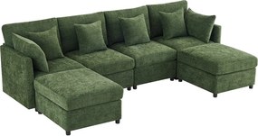 Nowoczesny zestaw wypoczynkowy 4-osobowy - 278 x 161 x 81 cm - z wyjmowanym podnóżkiem + 6 poduszek - welur - zielony