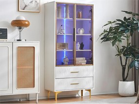 Nowoczesna witryna z oświetleniem LED i regulowanymi półkami - Wys. 150 cm - 2 szklane drzwi i 2 szuflady - Biały