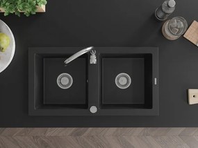 Mexen Mario zlewozmywak granitowy 2-komorowy 820 x 436 mm, czarny, syfon chrom - 6504822000-77