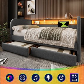 Tapicerowane łóżko dzienne - 140 x 190 cm - z diodami LED + USB-C + 2 szuflady + zagłówek ze schowkiem - len - szary