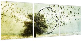 Obraz - Malowane stado ptaków (z zegarem) (90x30 cm)