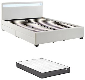 Łóżko 140 × 190 cm z ze skrzynią  – ekoskóra białe z oświetleniem LED + Materac – ALOIS II