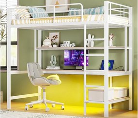 Łóżko mezzanine 90x200 cm - z barierkami - z drabiną - z USB i gniazdkami - z oświetleniem LED - z biurkiem + wielopoziomowymi półkami - białe (bez materaca)