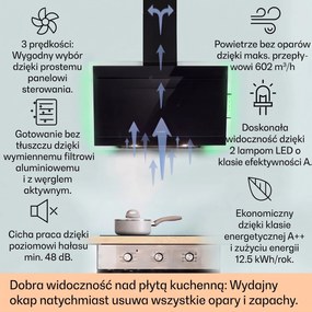 Klarstein Mirage 90cm 602m³/h Okap Przyścienny Skośny Czarny