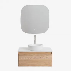 Zestaw Wiszących Mebli Łazienkowych Z Drewna Jesionowego Tedrik Popielaty Brąz & Okrągły Ceramiczny Biały Ø40 - Sklum
