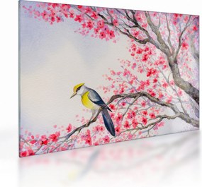 Obraz na szkle - ptak na drzewie z czerwonymi kwiatami (70x50 cm)
