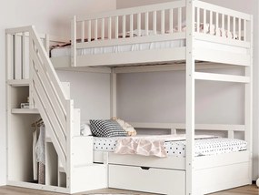 Łóżko piętrowe 90x200cm - z drabinką bezpieczeństwa - z 1 szufladą - z stelażem na listwach - białe (materac nie wliczony)