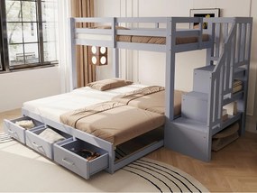 Łóżko piętrowe dziecięce 90 x 200 cm - z drabiną z pojemnikami - z 3 szufladami - z łóżkiem chowanym - szary​ (materac nie jest wliczony w cenę)