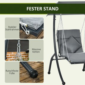 Outsunny Leżanka wisząca ogrodowa z regulowanym dachem poduszka na siedzisko i głowę stalowa rama szara | Aosom PL