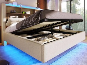 Łóżko tapicerowane ze schowkiem 140x200 cm - z oświetleniem LED - wyposażone w interfejs USB + Type-C - tkanina lniana - beżowy​ (materac nie jest wliczony w cenę)