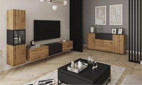 Meblościanka do salonu z oświetleniem, zestaw wisząco-stojący 2-elementowy z szafką RTV 180 cm i witryną, korpus dąb wotan, wstawka czarny mat