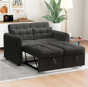 Sofa 2-osobowa rozkładana w tkaninie lnianej z regulowanym oparciem i portem USB, rozkładana sofa - 142 x 85 x 83 cm - Funkcja spania - Szara