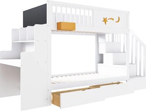 Łóżko piętrowe dla dzieci - 2 x 90 x 200 cm - z szufladami + schodki do przechowywania + biurko - lita sosna - białe