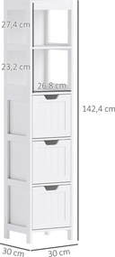 HOMCOM Szafka Łazienkowa, 2 Półki, 3 Szuflady, Materiał Odporny na Wodę, Biała