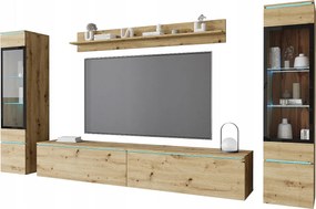 Zestaw mebli do salonu z LED 4 elementy – szafka RTV 180 cm, 2 witryny i półka, meblościanka stojąca lub wisząca dąb Artisan
