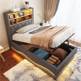 Łóżko dziecięce ze schowkiem - 90 x 200 cm - schowek hydrauliczny - z LED + USB - Len + Metal + Sklejka + MDF - szary