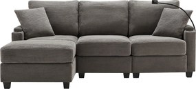 Sofa 3-osobowa, narożnik z portem USB, uchwytem na telefon i uchwytem na kubek - ciemnoszary sztruks