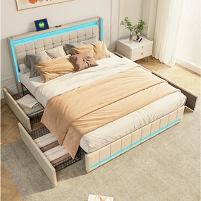 Łóżko podwójne 180x200 cm z 4 szufladami, oświetleniem LED RGB, portami USB, beżową tkaniną lnianą, metalową ramą i stelażem z listew