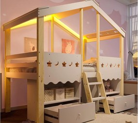 Łóżko domek dla dzieci 90×200 cm - kształt domku - z 2 szufladami - z taśmą LED - białe + naturalne (materac nie jest zawarty)