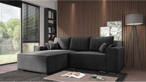 Emporius Lora narożnik rozkładany - narożnik z funkcją spania i pojemnikiem - nowoczesny styl, lewostronny, tkanina aksamitna, czarny (Amor Velvet 4322)