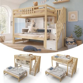 Łóżko piętrowe 90 x 200 + 90 x 190 cm z mobilnym biurkiem i półkami - Sosna, sklejka i MDF - Biały i dąb (Materac nie jest wliczony w cenę)
