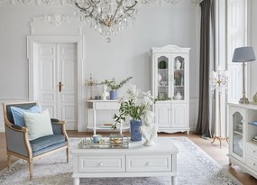 Biała ława kawowa z szufladami Lauretta 120x60x45 cm. Ława z szufladami do salonu, frezowane fronty, ceramiczne gałki. Meble Victoria.