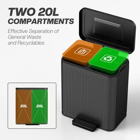 HOMCOM Kosz kuchenny, 2 x 20 L, efektywne sortowanie odpadów, pedałowy, tworzywo sztuczne, metal, czarny | Aosom PL