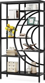 Geometryczna biblioteczka, 8-poziomowe półki industrialne, rustykalna biblioteczka z metalową ramą (czarna, 1 szt.)