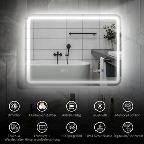 HOMCOM Lustro łazienkowe z podświetleniem LED, mata przeciwmgielna, 3 regulowane kolory, zegar, 600 x 800 mm, kolor srebrny | Aosom PL