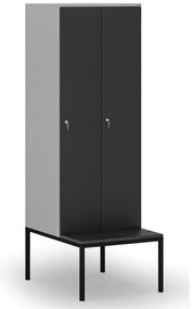 Drewniana szafa ubraniowa S4 z ławką, 2-drzwiowa, 1871 x 600 x 500/800 mm, demontaż, zamek cylindryczny, szary/grafitowy