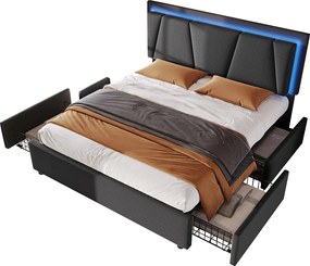 Łóżko dla dorosłych 140x200 cm - z zagłówkiem, oświetleniem LED, 4 szufladami - drewniane - szare - materac nie jest wliczony w cenę