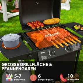 Outsunny Grill Gazowy 7 KW na Wózku z 3 Palnikami i Bocznym Gotowaniem, Pokrywa, 107 x 54 x 96 cm, Czarny